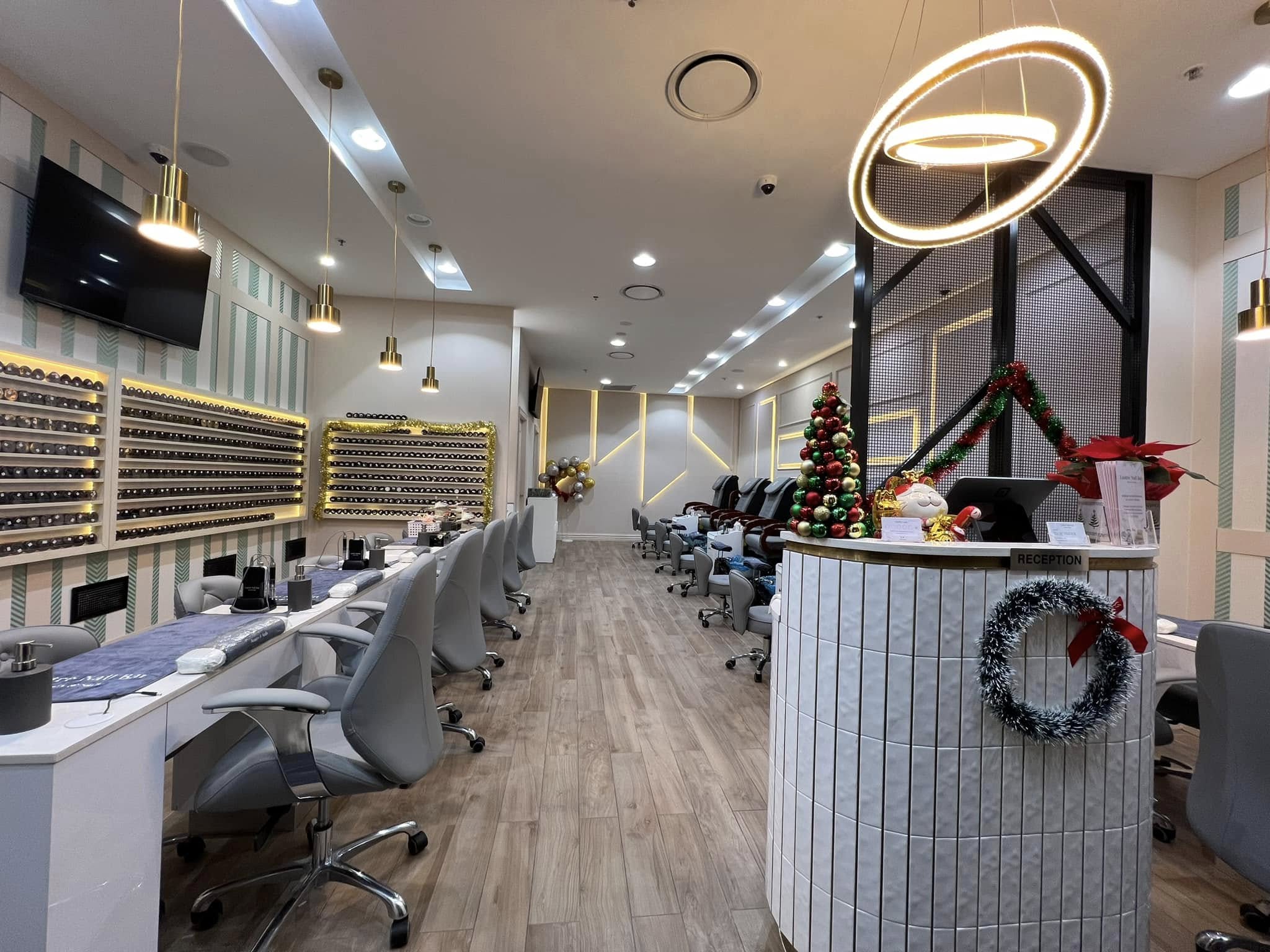 Reception and manicure area at Lustre Nail Bar The Glen