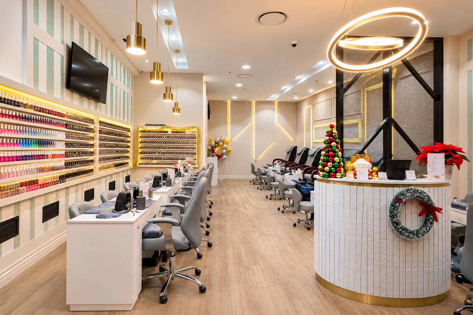 Nail colour wall, manicure stations, pedicure chairs and reception at Lustre Nail Bar The Glen