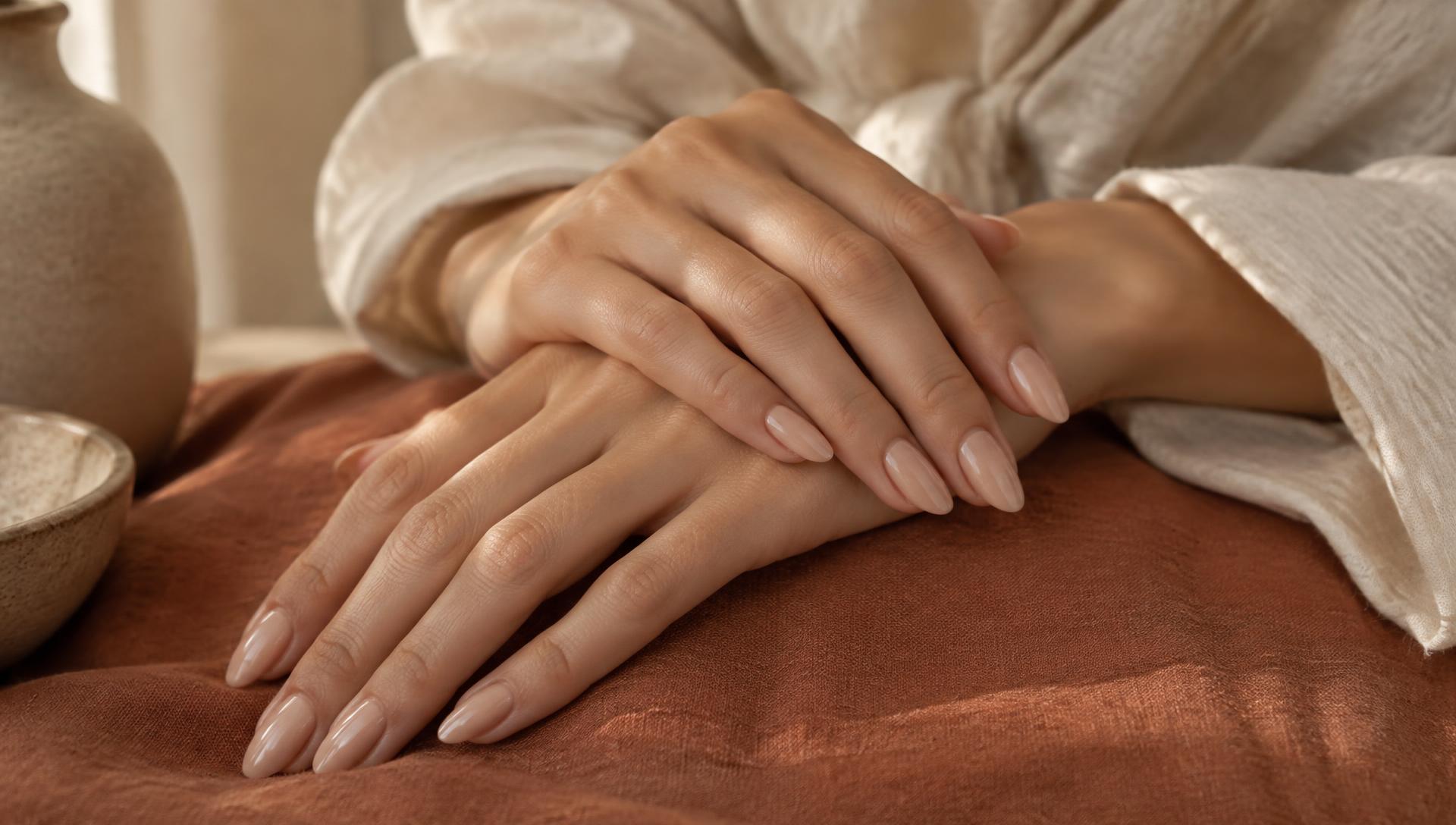 Elegant hands with a natural nude manicure